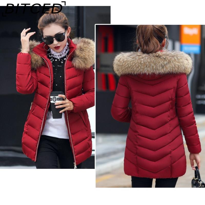 BITCED Winter Coat for Women - Mid-Length Slim-Fit Cotton Jacket with Large Fur Collar and Down-Filled Quilted Design
