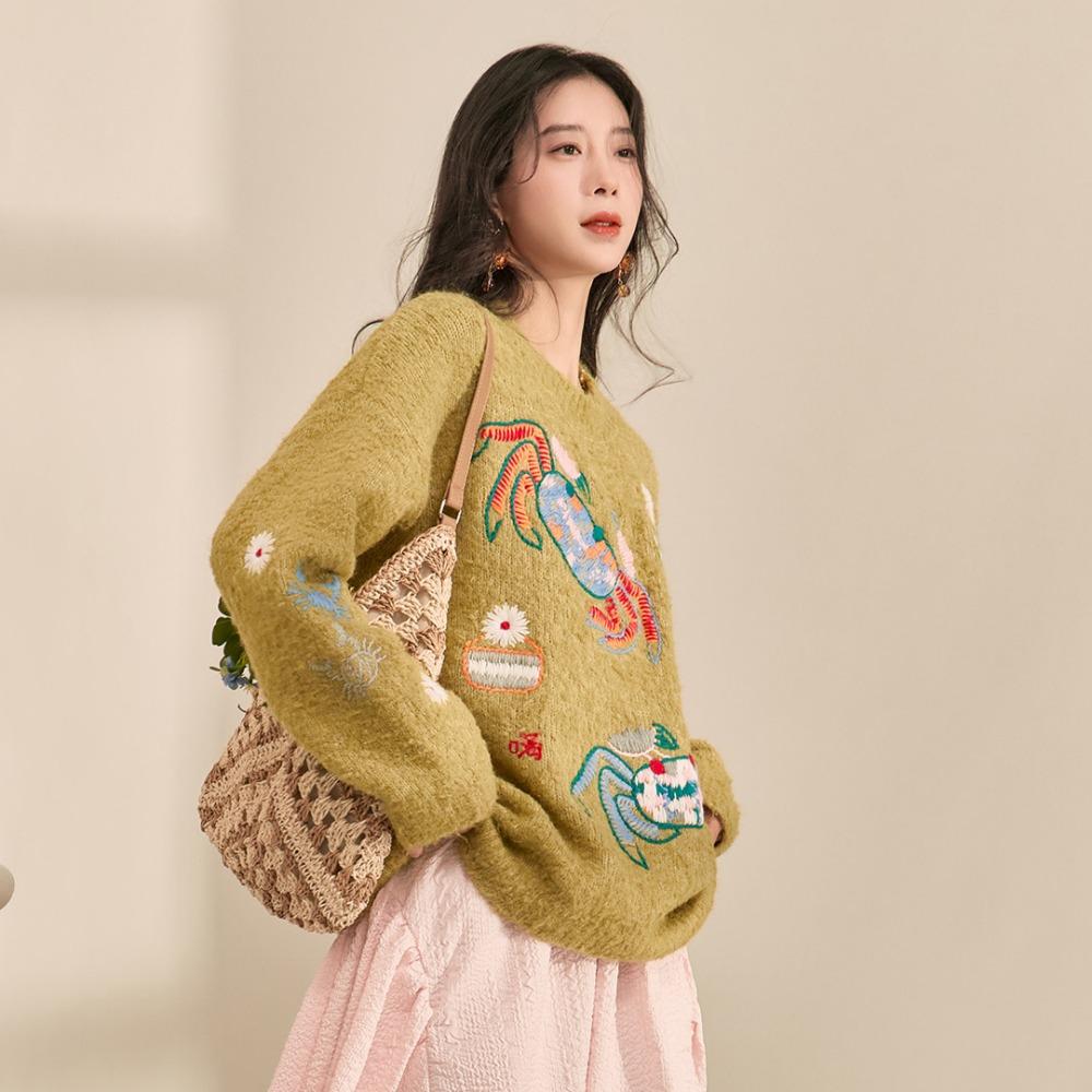 Dimanaf 2025 Women Autumn Embroidery Sweater Design Basic New Fashion Tops Tees Casual Loose Tees