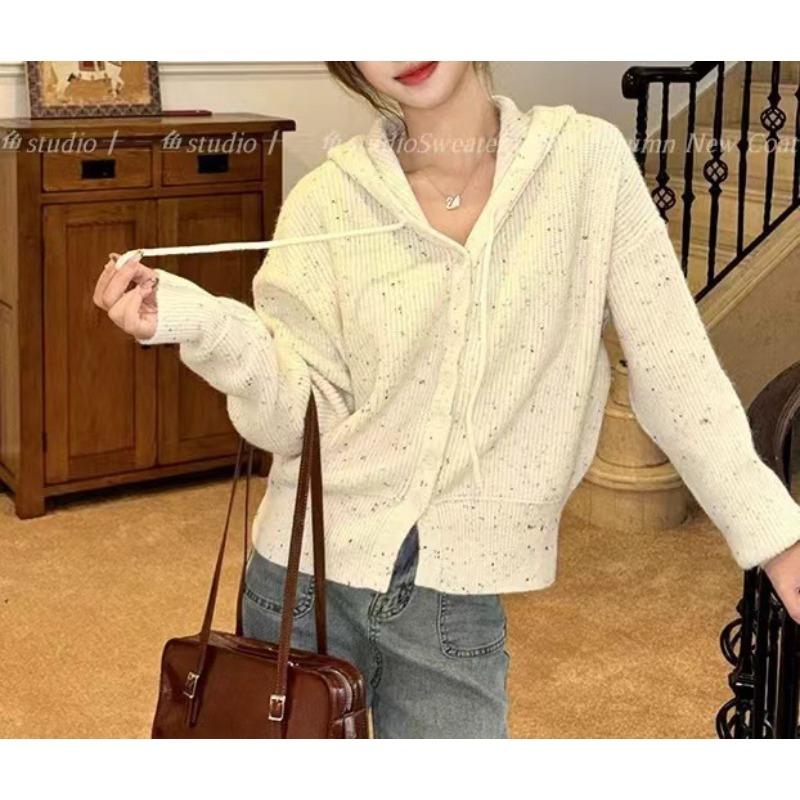 Autumn Winter Hooded Sweater Jacket Short Hooded Single Breasted Knitted Cardigan for Women