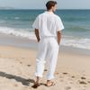 Men's European Linen Summer Two-Piece Set: Short-Sleeve Shirt & Long Pants for Travel or Beach