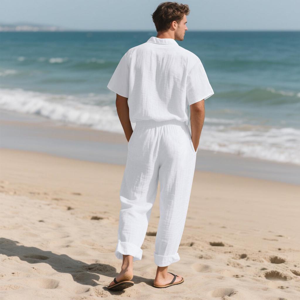 Men's European Linen Summer Two-Piece Set: Short-Sleeve Shirt & Long Pants for Travel or Beach