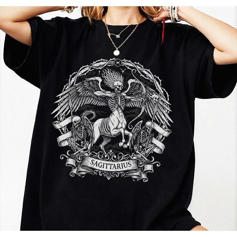 Sagittarius Zodiac Shirt Gothic Skeleton Archer Graphic Tee Summer Loose and Breathable Tshirt Top Unisex Pure Cotton Top S