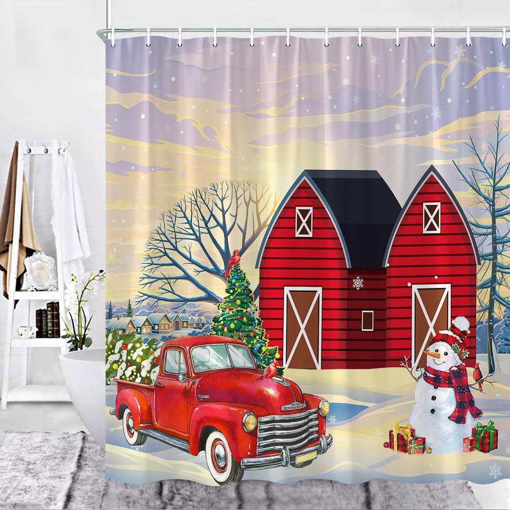 

Рождественская шторка для душа, Рождественские сияющие красные шары, Снежная сосновая ветвь, Счастливого Рождества, Полиэстеровая ткань, Моющаяся шторка для ванны, Крючки 90x180cm-35x70in