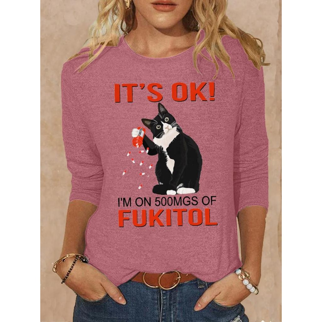 Okrągły dekolt 3D nadruk zabawny kot wzór top modny casual długi rękaw damskie koszulki