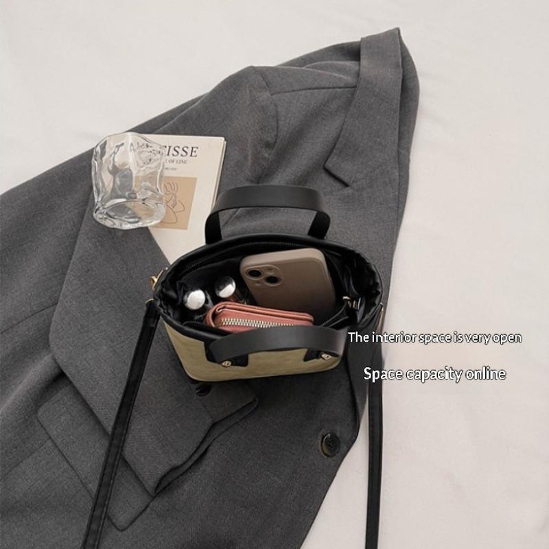 Small Square Crossbody Bag For Women Trendy Versatile Bucket Handheld Bag Color Blocked Shoulder Bag