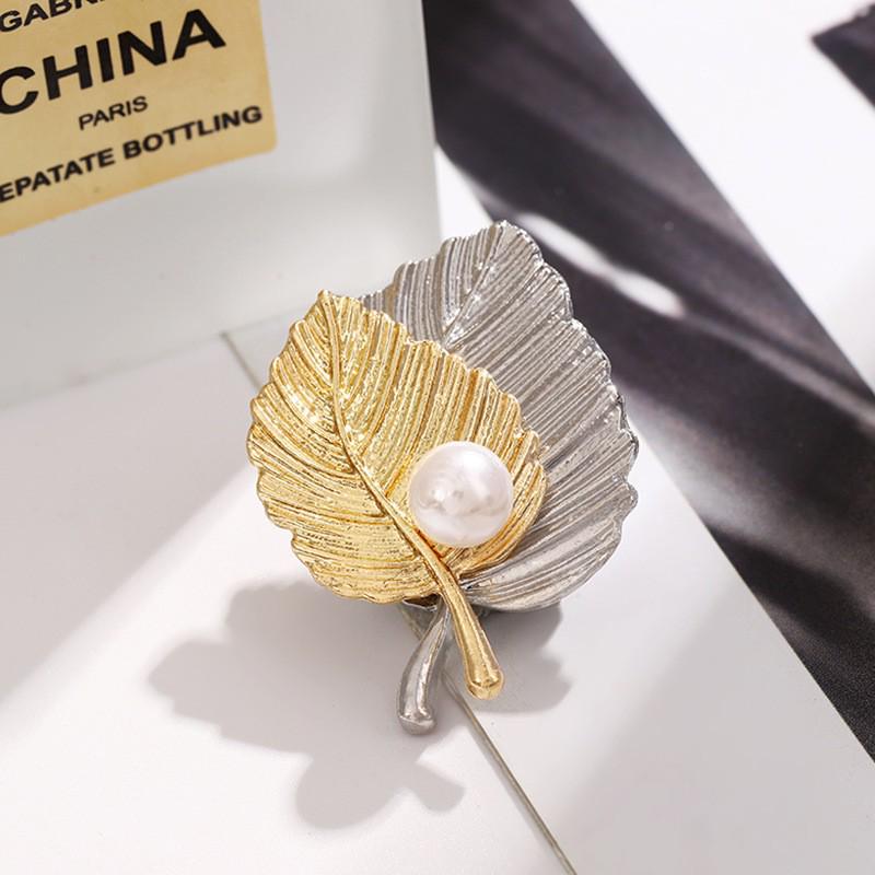HMZ French Leaf Faux Pearl Brooch - Elegant Women's Autumn/Winter Corsage Accessory