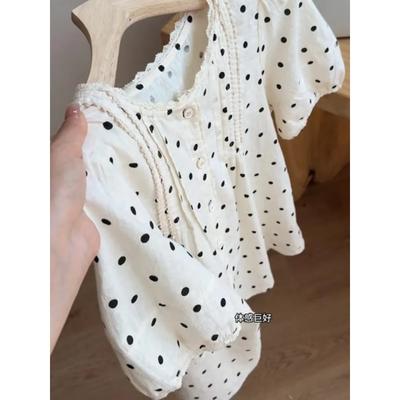 Blouse pour femme à pois avec bordure en dentelle, manches courtes bouffantes, coupe ample, haut d'été décontracté