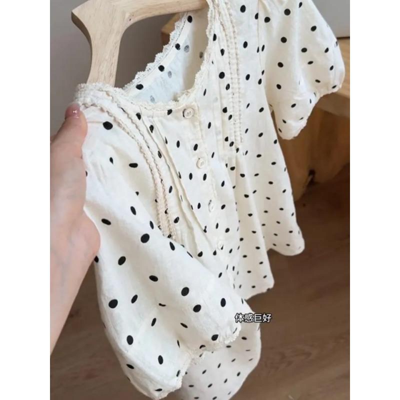 

Женская блузка в горошек с кружевной отделкой, пышные короткие рукава, свободный крой, повседневный летний топ S бежевый