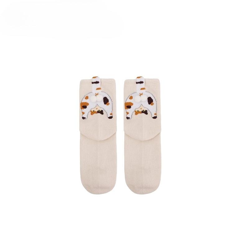 Spring and Summer Couple Socks Cute Mid Tube Versatile Women's Pile Socks Four Season Socks Cartoon Cat Jingle Egg
