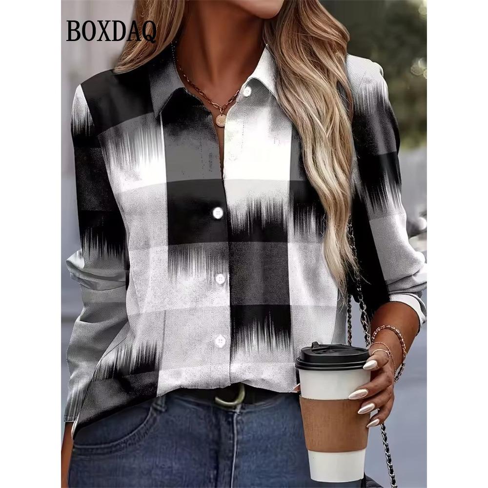 2025 Autumn New Plaid 3D Print Blouse Ladies Long Sleeve Gradient Button Laple Loose Shirts Tops Casual Fashion Women's Clothing