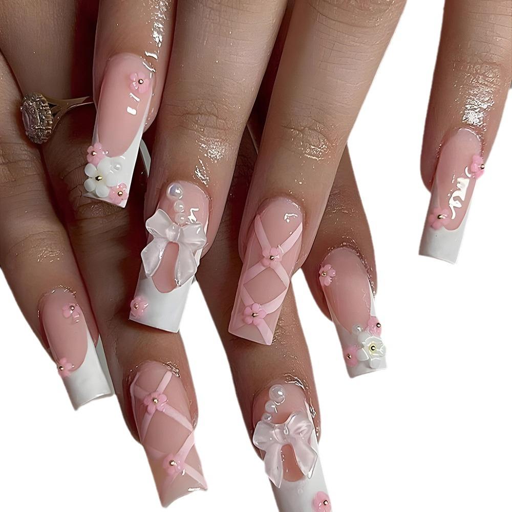 Ballet Style 3D Pearl Butterfly French Tip False Nails, Medium-Long