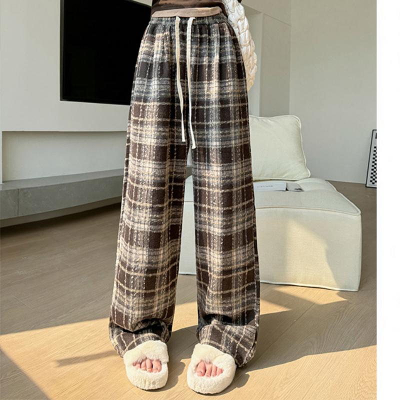 Pantaloni Retro în Carouri pentru Femei Primăvara și Toamna Noi Pantaloni Drapați cu Picior Drept cu Talie Înaltă Pantaloni Largi Casual cu Picior Lat