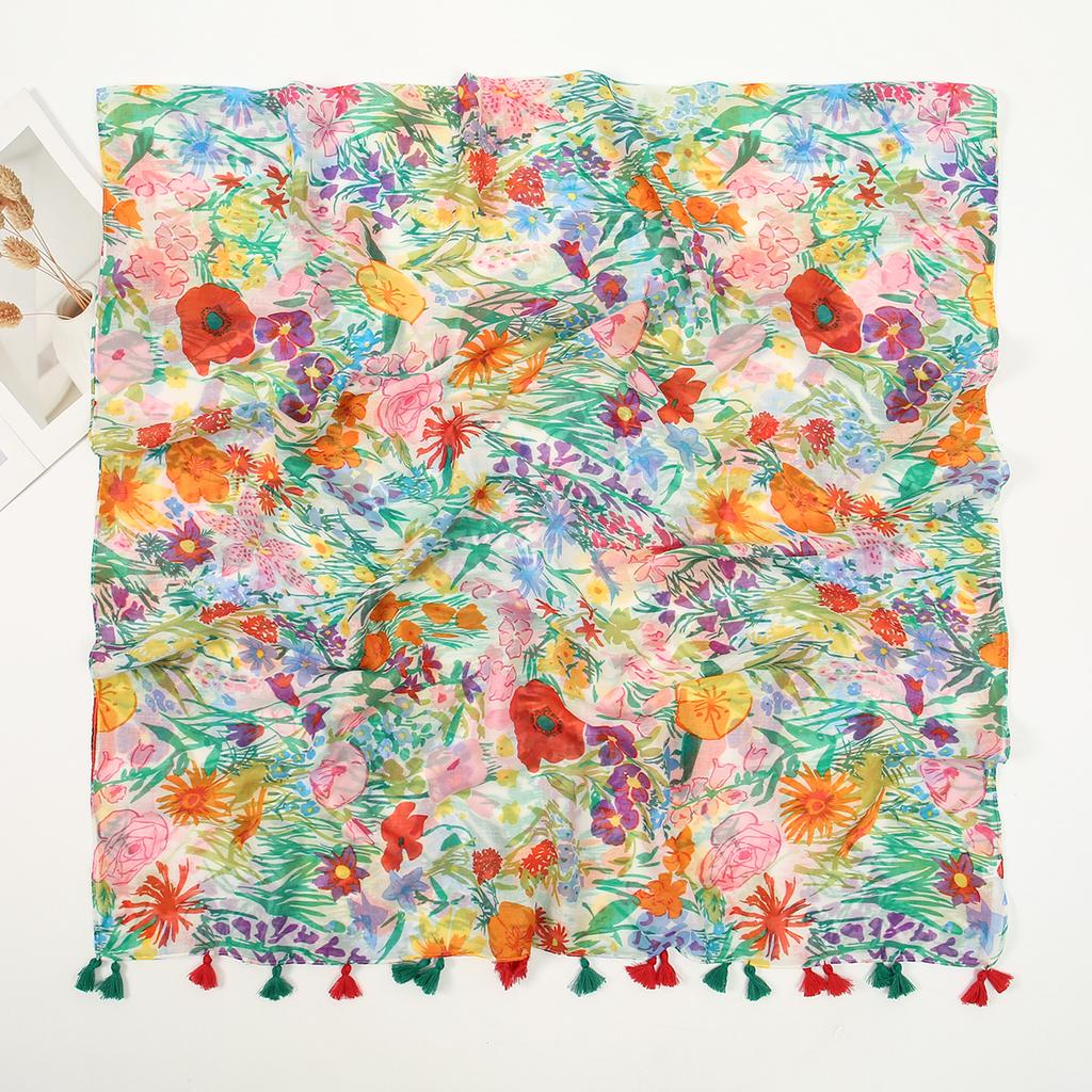 Hijab Women'S Floral Print Tassel Voile Shawl Muslim Long Scarf Islam Head Wrap Turbans Fashion Lightweight Soft Scarves
