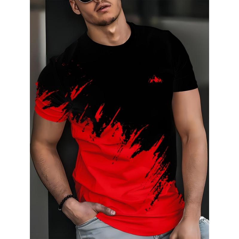 Fashion Men's Red and Black Gradient Splash Graphic Tee, Trendy Short Sleeve Round Neck Top with Artistic Pattern for Casual Daily Wear Outfits