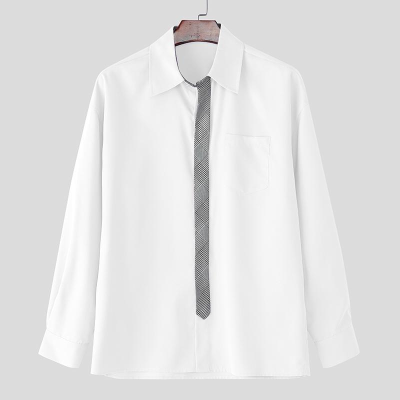 INCERUN Oversized Men Casual Loose Striped Print Patchwork Long Sleeve Shirts Tops