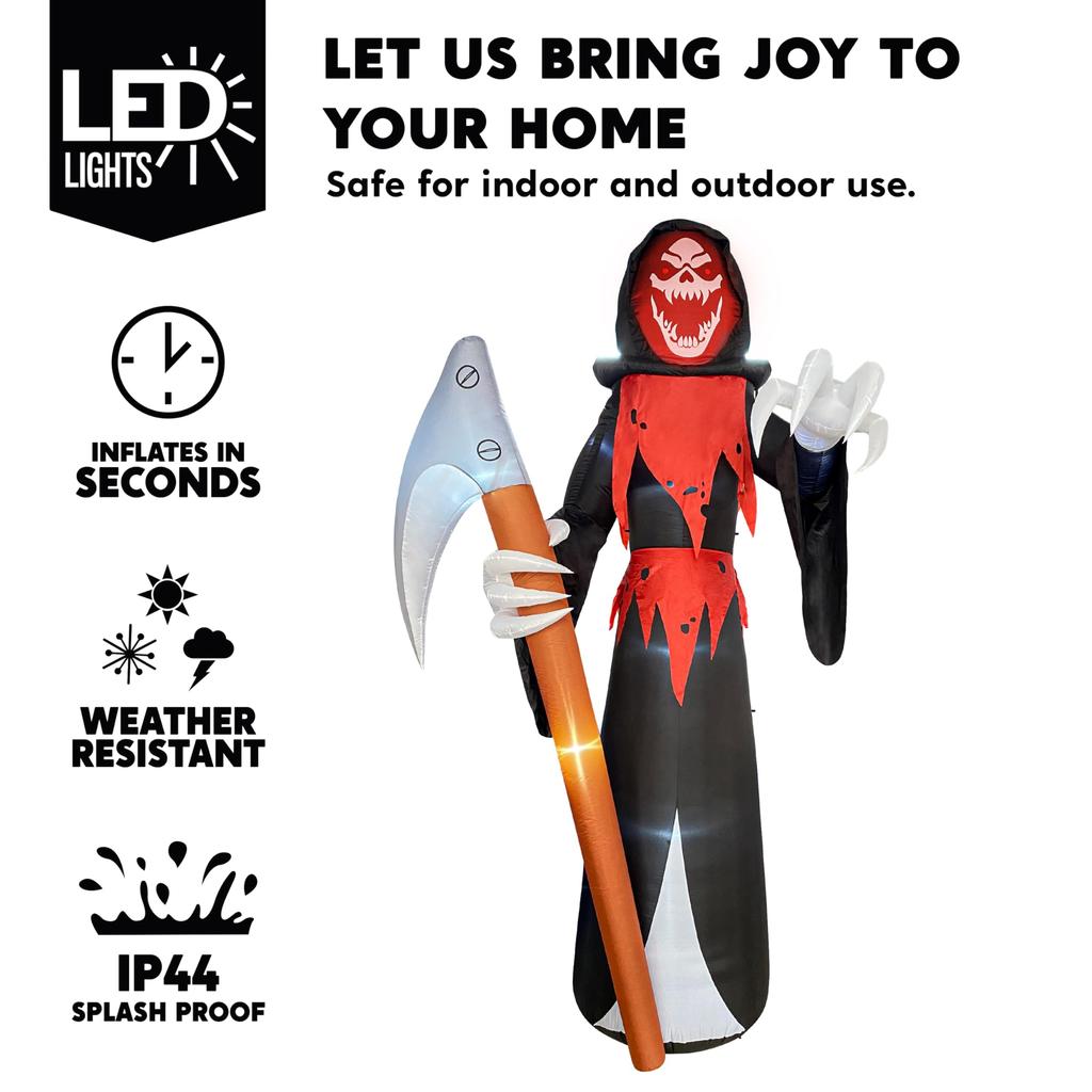 Joyfy 12 FT Halloween Giant Grim Reaper Inflatable with Built-in LEDs Grim Reaper with Scythe for Halloween Decorations Outdoor