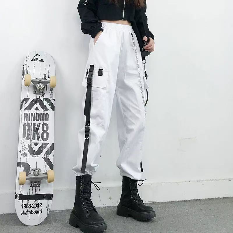 Hiphop Overalls Women's Small Feet Tied Black Chain Hip Hop Students Hip Hop Pants Are Thin High Waist Is Thin
