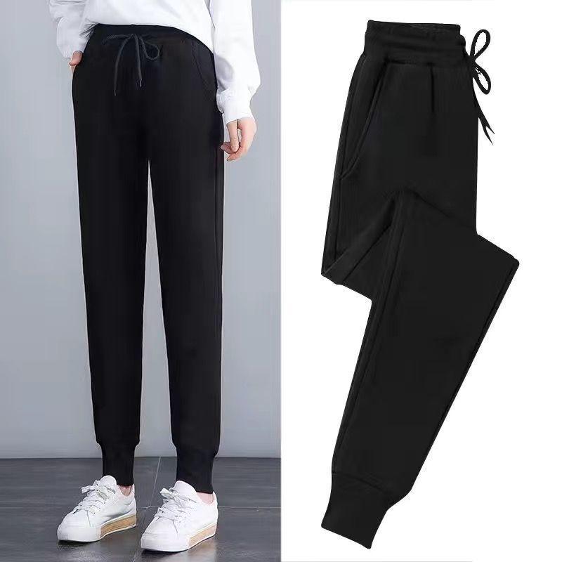 Women's Black Velvet-Lined Sports Sweatpants - Loose, Warm, Trendy Casual Wear for Autumn and Winter