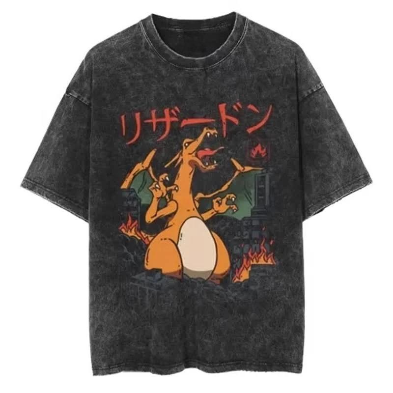 

Japanese Pokmon anime Summer New washed Tshirt Character pattern Harajuku unisex Harajuku Loose shortsleeved YK shirt M