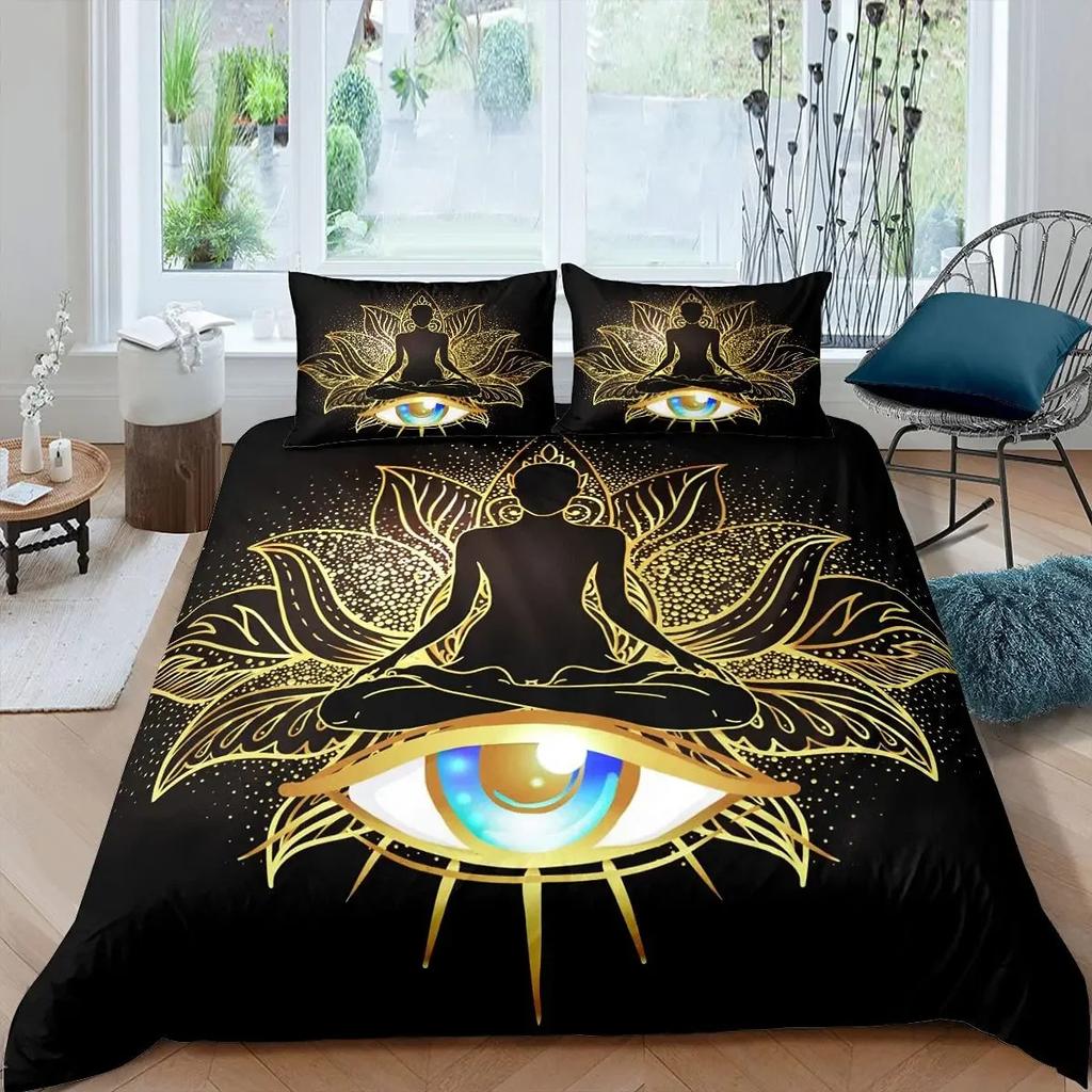 Black Gold Bohemian Mandala Duvet Set Three Piece Set