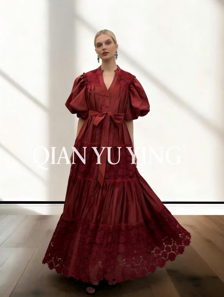 Elegant 2026 French Lace Crochet Patchwork Waist-Cinching Tie Court Style Dress