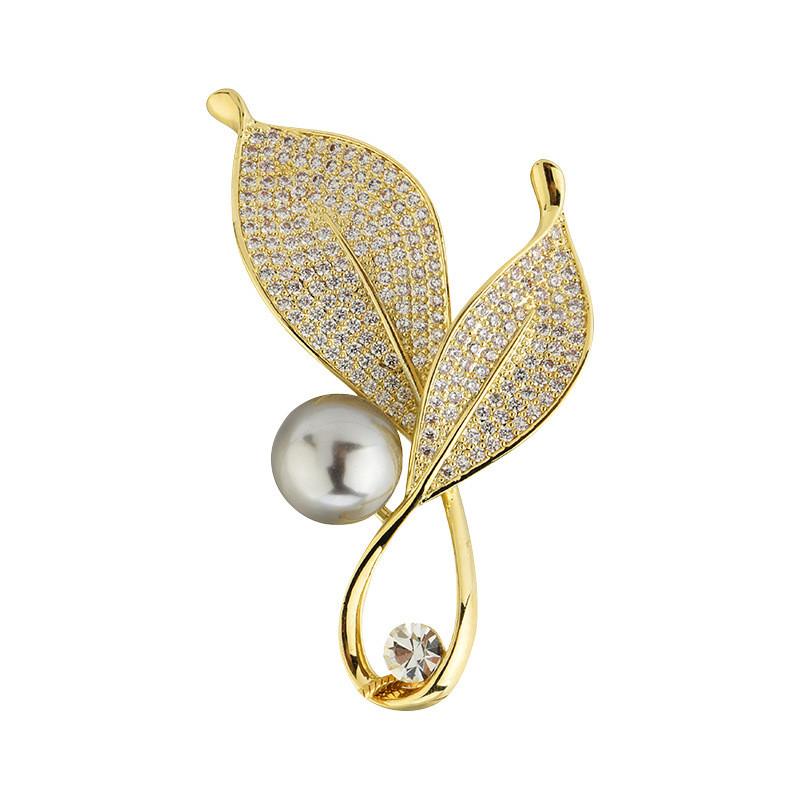 Leaf Brooch For Women With Artificial Pearl And Rhinestone Decoration For Wedding Or Gift