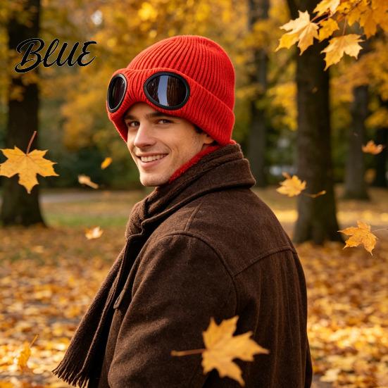 Caldo Berretto Morbido in Acrilico Lavorato a Maglia con Occhiali Unisex Cappello Invernale Foderato in Pile Antivento Termico Cuffia per Ciclismo Sci Moda da Strada