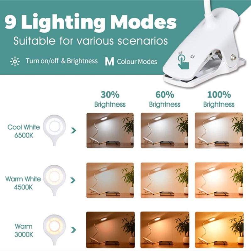 Desk Portable Lamp Rechargeable Reading Light Eye Protect Book Light LED USB Reading Lamp Touch Control Clip Table Desk Lamp