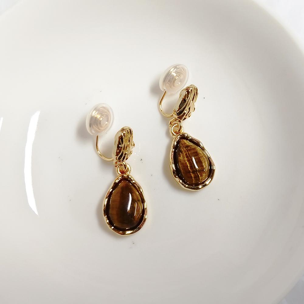 Vintage Maillard Natural Tiger Eye Stone Mosquito Coil Ear Clips Fashion Luxury Geometric Design Brown Teardrop Stud Jewelry