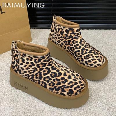 Leopard Platform Women Snow Ankle Boots Suede Designer Flats Casual Shoes Woman 2025 Trend Walking Goth Brand Winter Botas Mujer