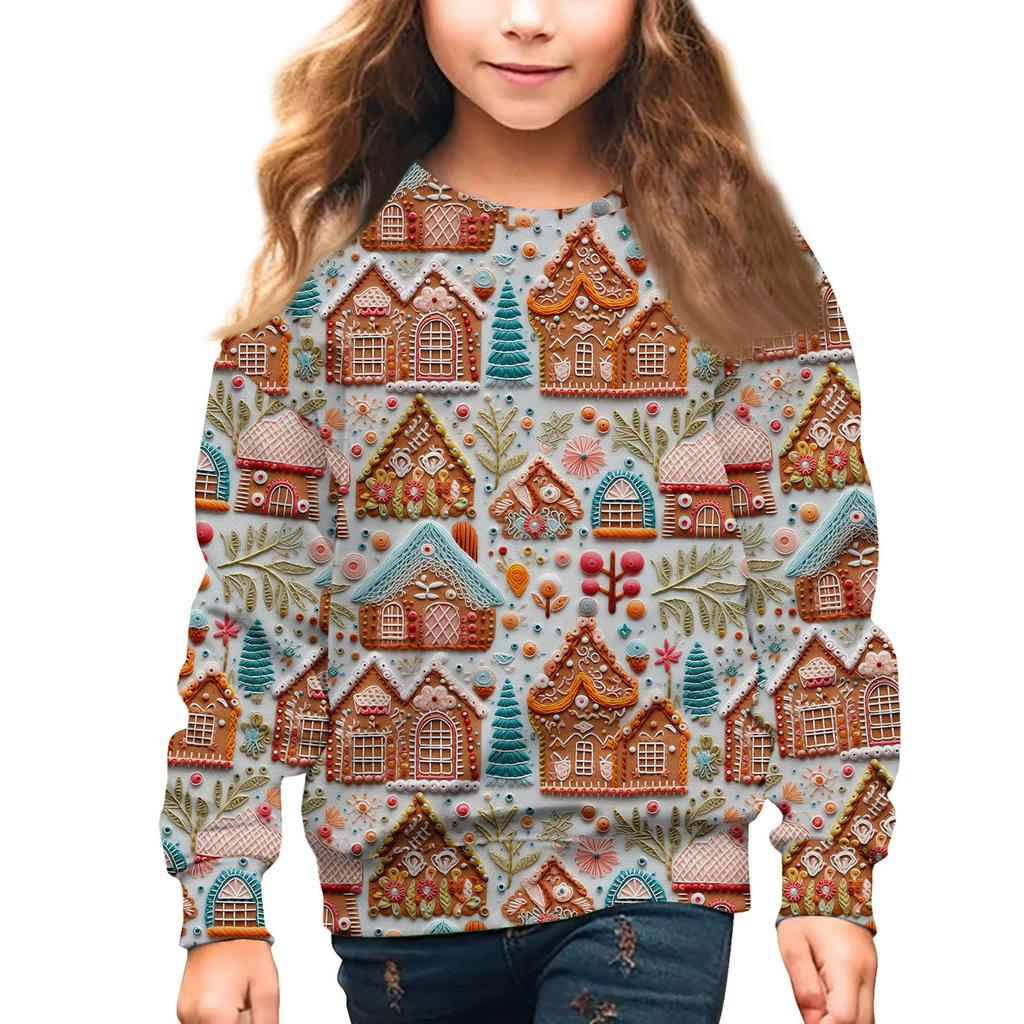 Girls Round Neck Pullovers For Kids Christmas Day Embroidery Printed Tops