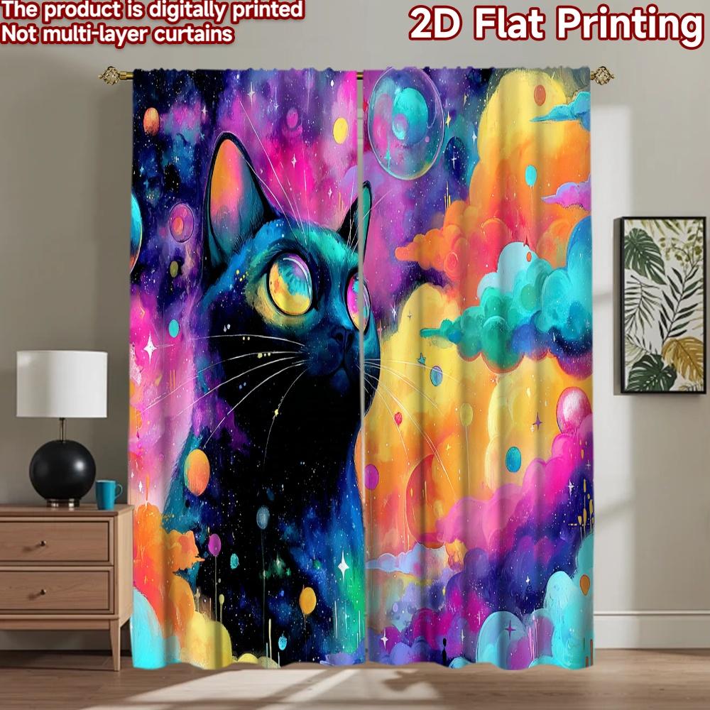 2D flat printing 2pcs Curtain Cosmic Cat Galaxy Digital Printed Polyester Drapes Festive Holiday Perfect for Photo Booths &
