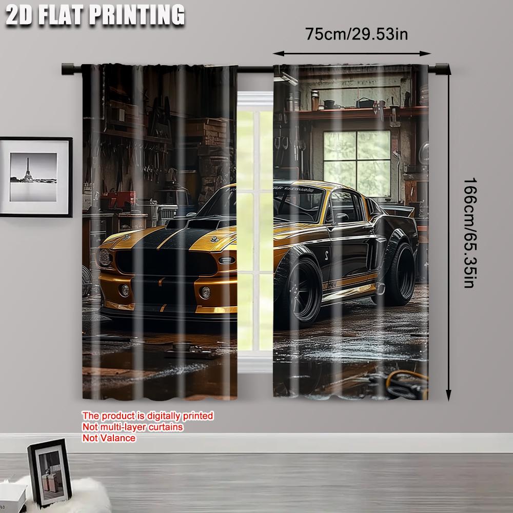 2pcs   Light Filtering Curtains  Print Complex Ancient Super Car Garage Machine Washable (without Rod) Decorations Outdoor