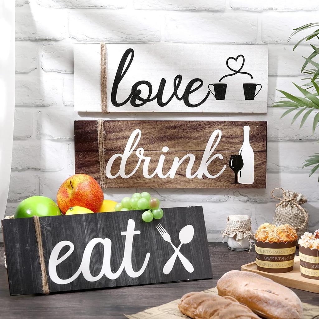 Jetec 3 Pcs Farmhouse Kitchen Wall Decor Rustic Wooden Home Eat Drink Love Sign with Hanging Hole for Home Dining Living Room Bar Cafe Decor(Vivid