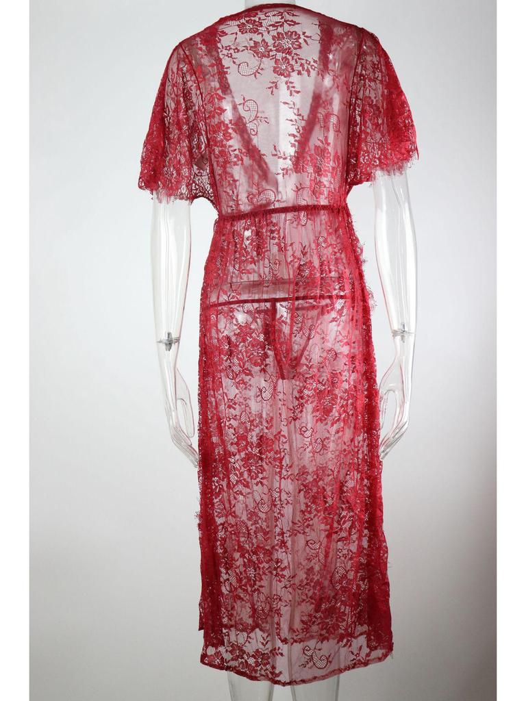 2023 European & American Sexy Lace Deep V Women’s Bodysuit with Side Opening and Long Robe