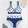 Plus Size Women Fashion Sexy Round Neck Blue Spots Bikini Set Slim Fit Beach Swimsuits Two Piece Set