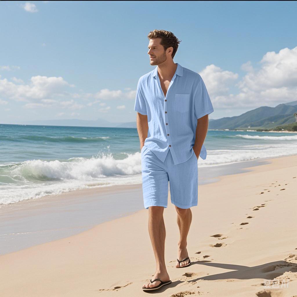 Men's Summer Linen Short-Sleeve Shirt & Shorts Set - Casual Loose Fit, Cotton-Linen Fabric.