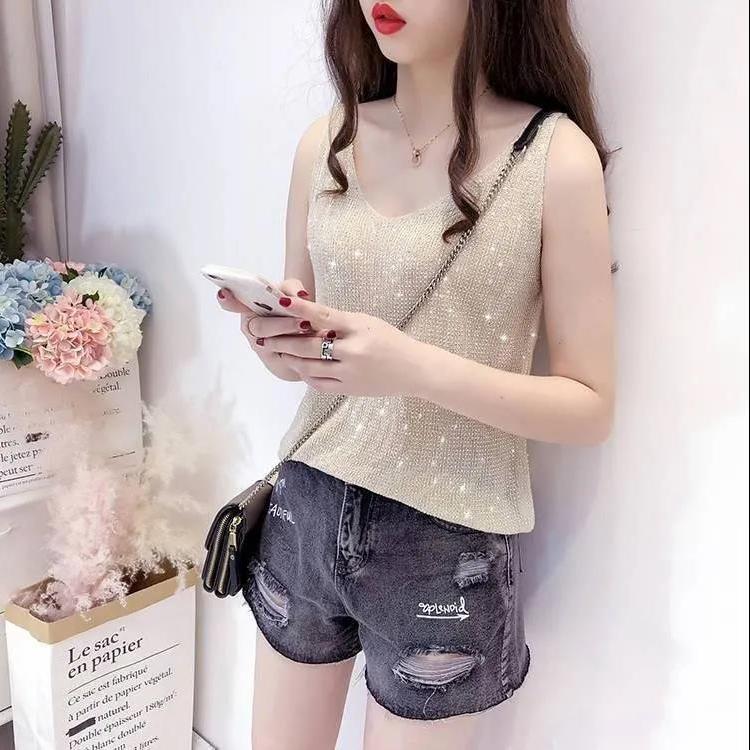 Summer Women's Ice Silk Diamond Camisole Women's Loose Short Sleeveless V-neck Bottoming Shirt Tank Top