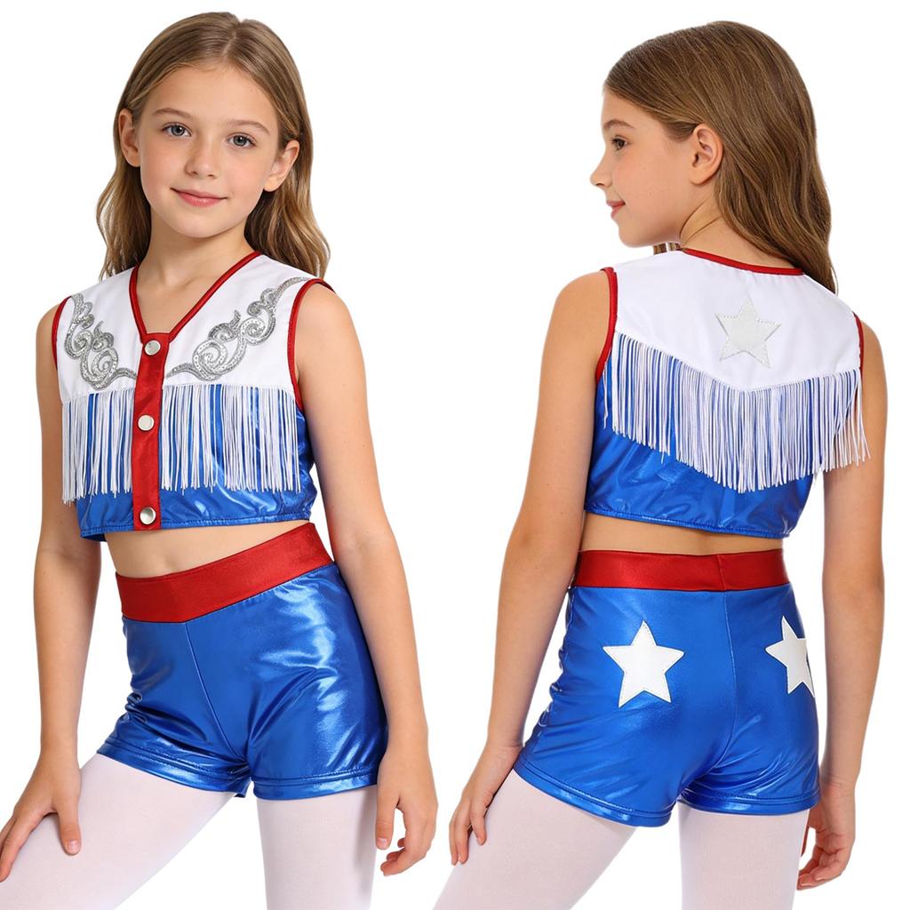 Children‘s Cowgirl Costume Set Sequins Metallic Fringe Sleeveless Top and Matching Shorts for Western Theme Fancy Ball Party