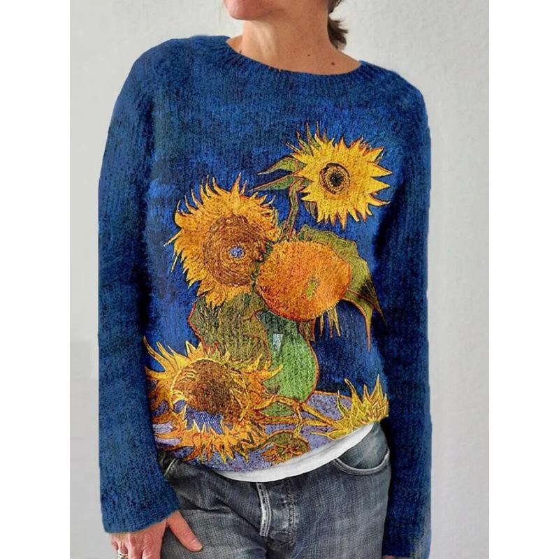 Spot 3D Printed Women's Floral Pattern Pullover Hoodie Without Hat Casual Loose Long Sleeved Top