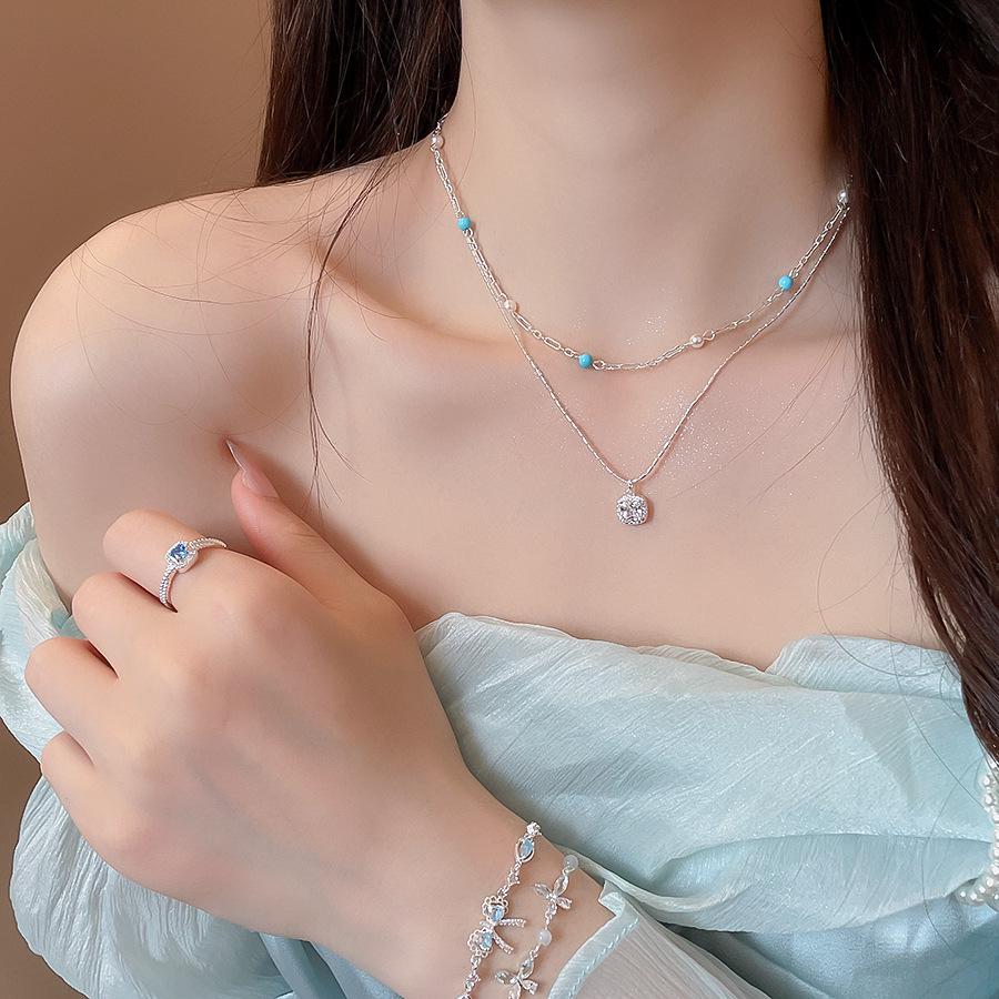 Luxury Double-Layer Pearl Zirconia Square Geometric Necklace - Versatile Clavicle Chain for Chic Commuting