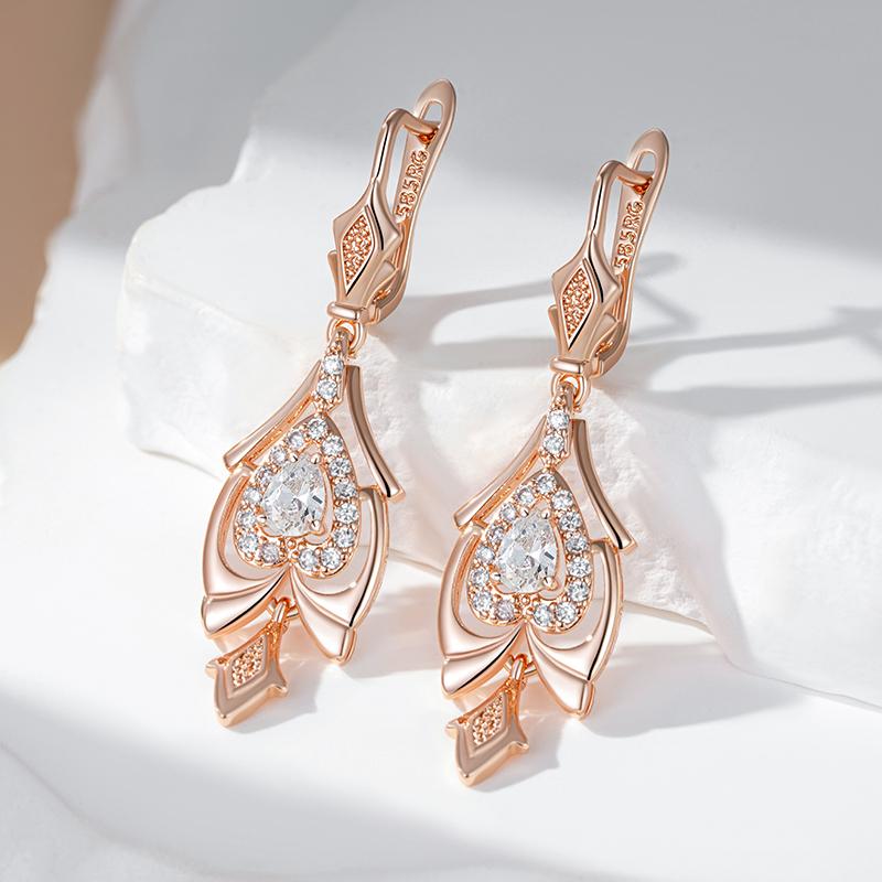 Rose Gold Color Fine Drop Earrings For Women Crystal Flower White Natural Zircon Accessories Daily Vintage Jewelry