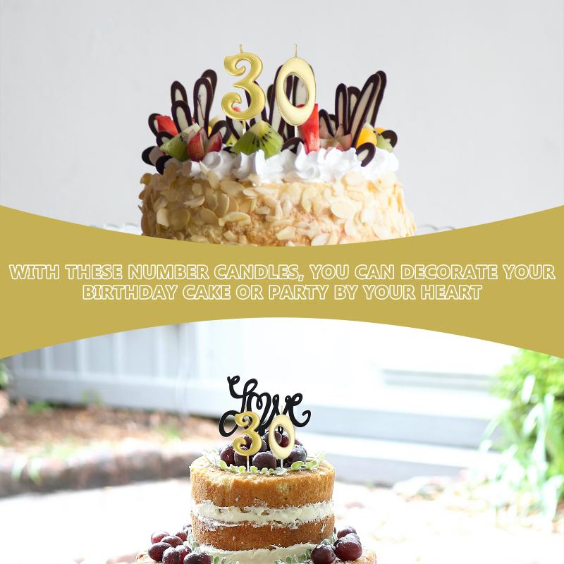 2pcs 30 Birthday Number Decoration Bithday Cake Topper Candles Party Supplies (Number 3+0, Golden)