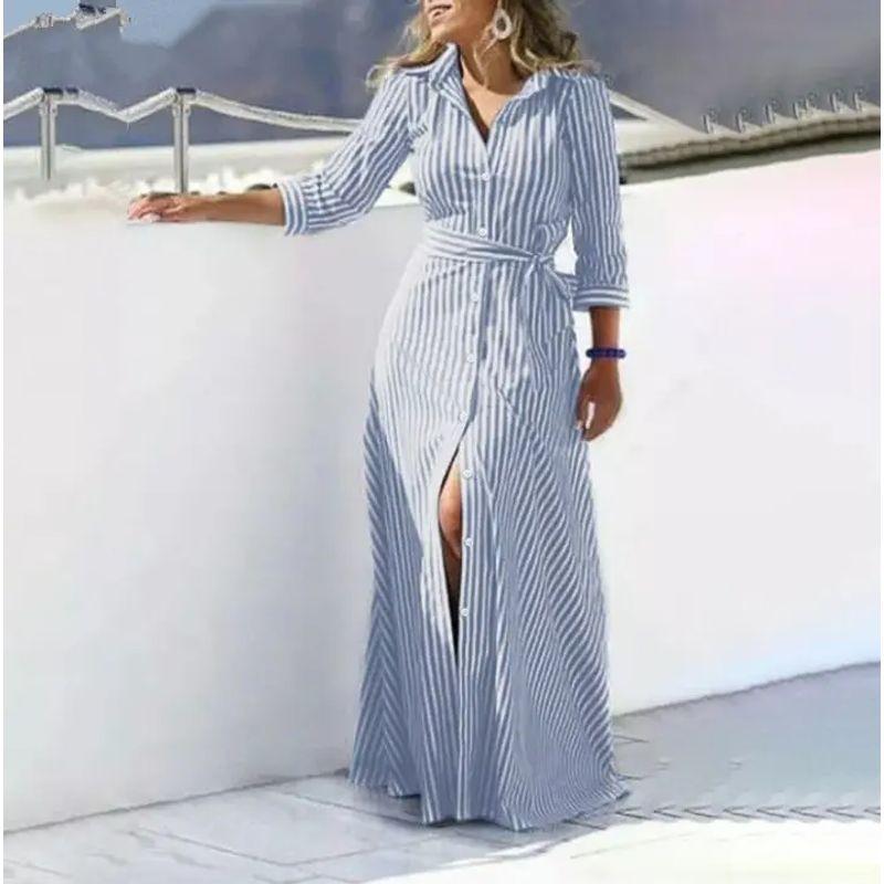 

2025 New European and American Polo Collar Temperament Stripe Bohemian 3/4 Sleeve Cardigan Dress Blue 3XL