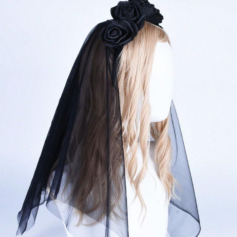 Halloween Headbuttons Day of The Dead Hair Bands Headdress Ghost Bridal Party Dark Lace Veil