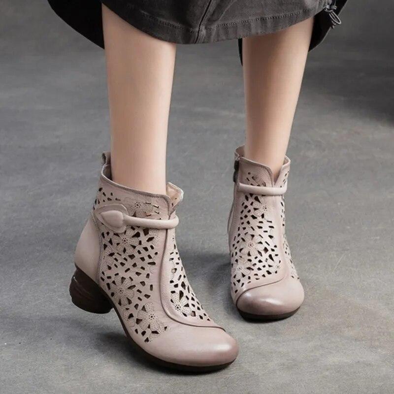 Johnature Retro Prodyšné Holínky Letní Sandály Móda z pravé kůže Dámská obuv na vysokém podpatku