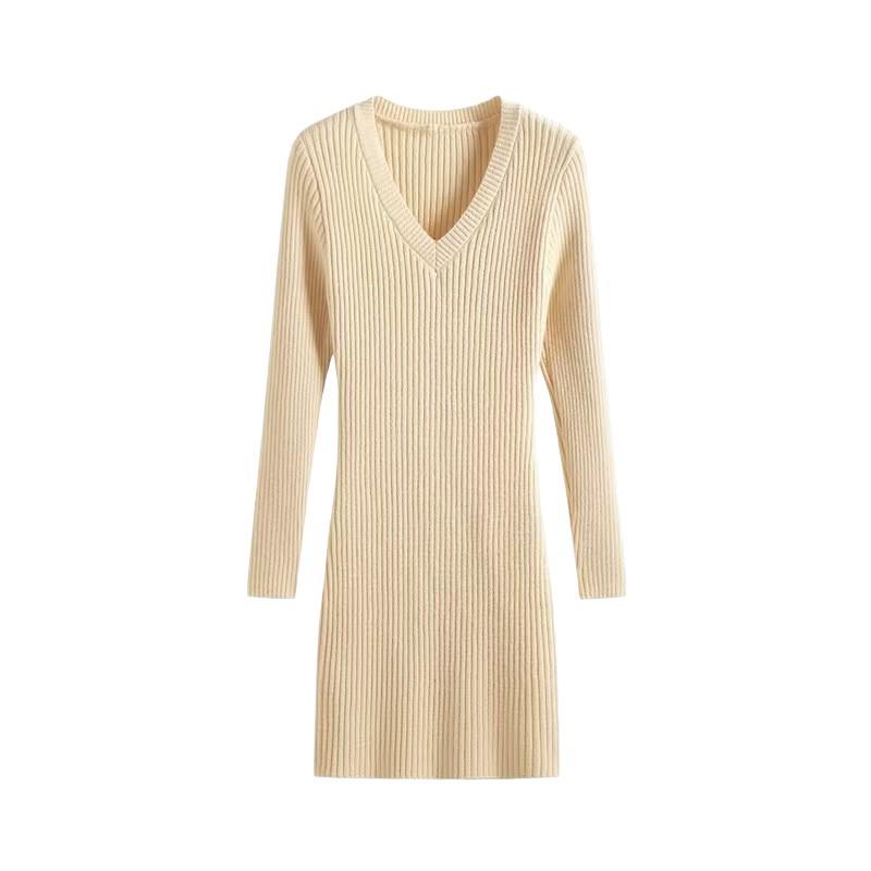 Women's Slimming V-Neck Knitted Sweater Dress - Autumn/Winter, Sexy Slim-Fit, Tight Hip-Hugging Design