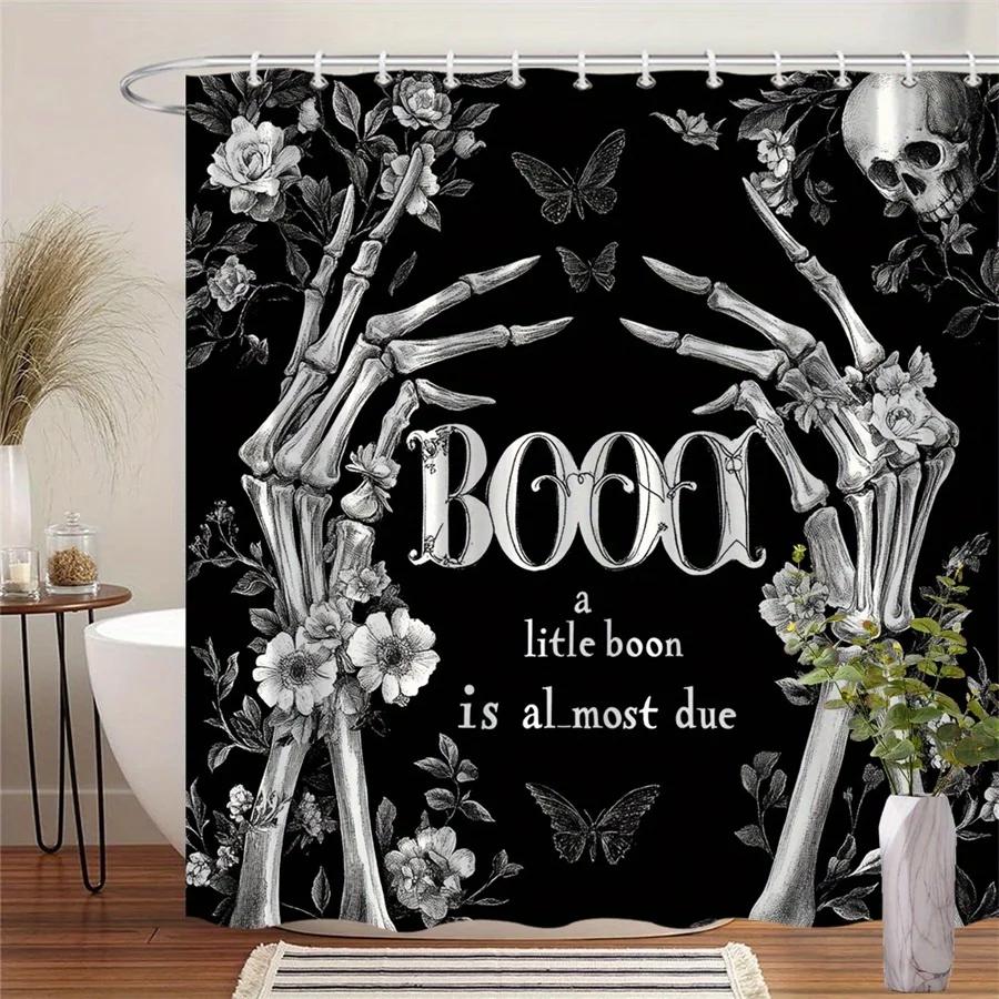 

Gothic Halloween Shower Curtain, Skeletal Hands with Roses & Butterflies, Durable Polyester, Spooky Bathroom Decor W90xH180cm