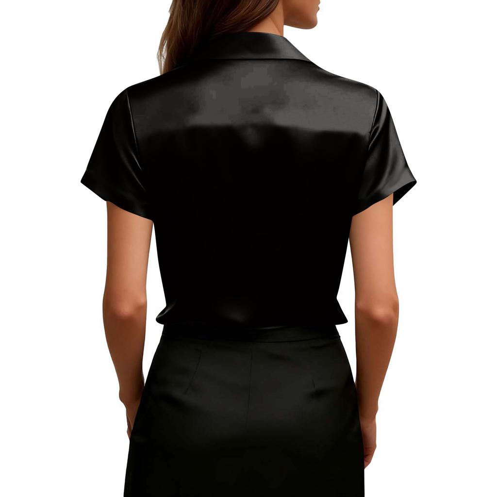 Blusa da Donna Satinata a Maniche Corte con Scollo a Cascata e Collo, Drappeggio Frontale, Pullover per Lavoro, Ufficio, Abbigliamento Business