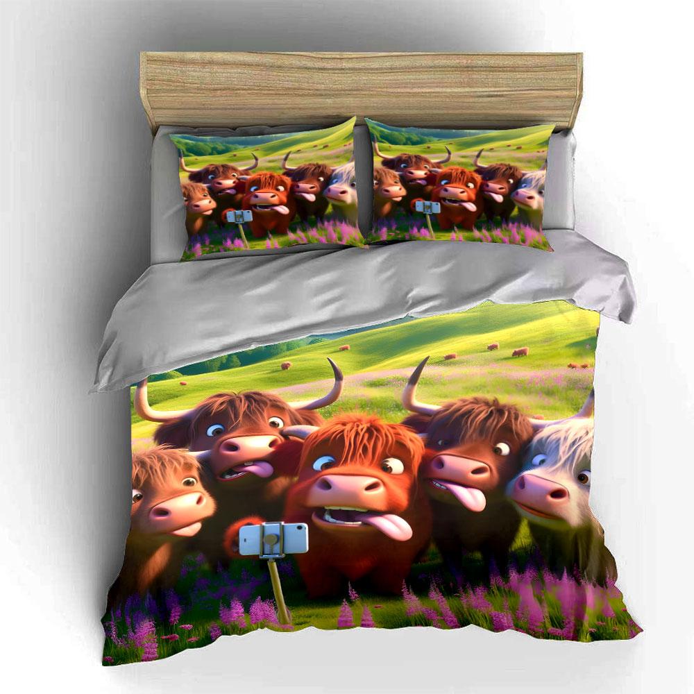 Funny Highland Cows Selfie Bedding Duvet Cover Set  (1*Duvet Cover 2*Pillowcases, without duvet insert)